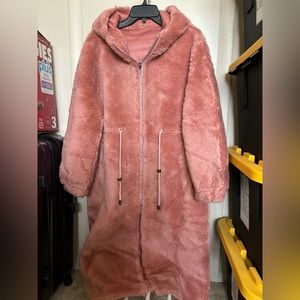 NWT Genuine Shearling Extra Long Pink Coat with hood Only One Available